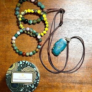 Beaded bracelets 3 new green jade citron African turquoise elastic 7”